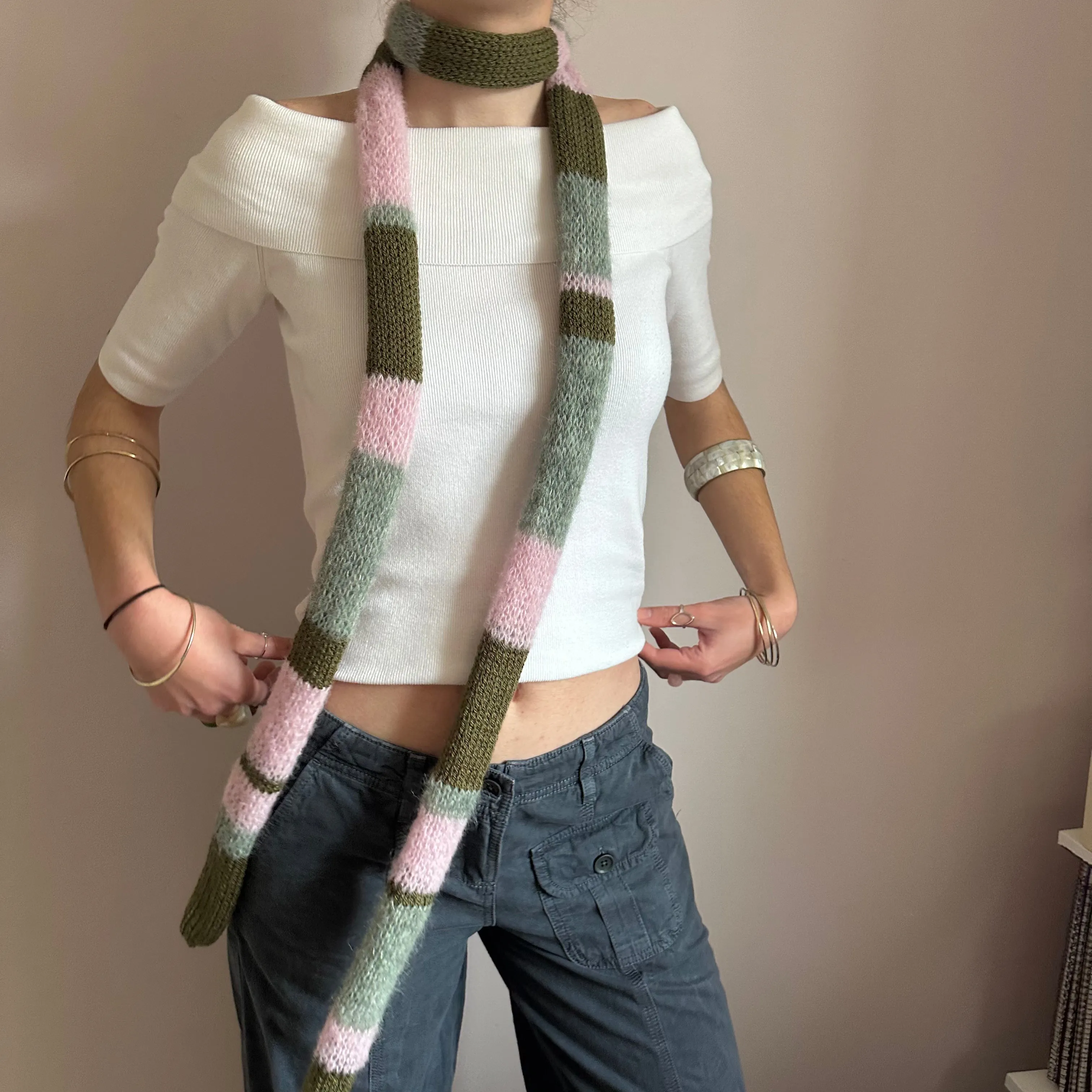 Handmade knitted baby pink, khaki and sage green striped skinny scarf - extra long