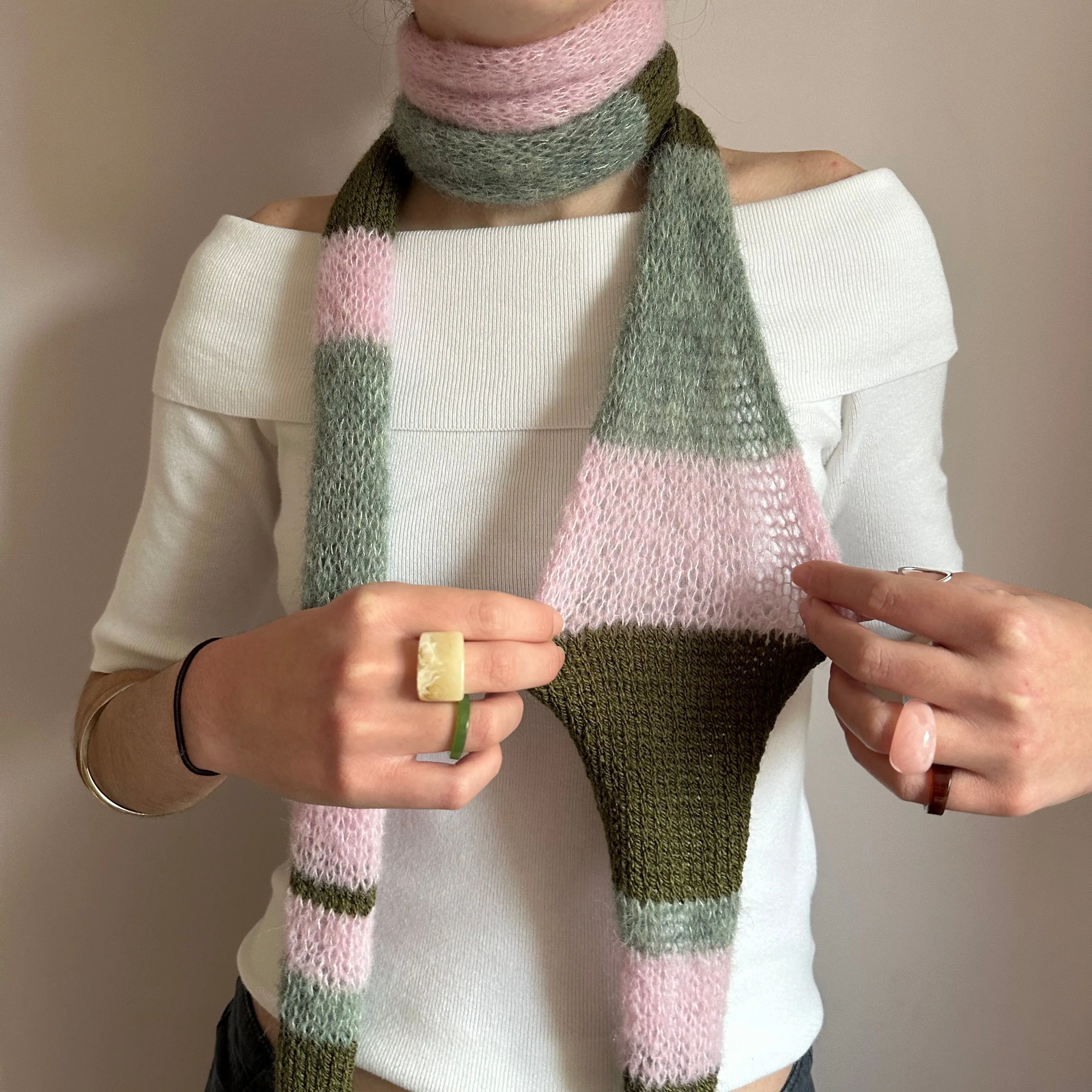 Handmade knitted baby pink, khaki and sage green striped skinny scarf - extra long