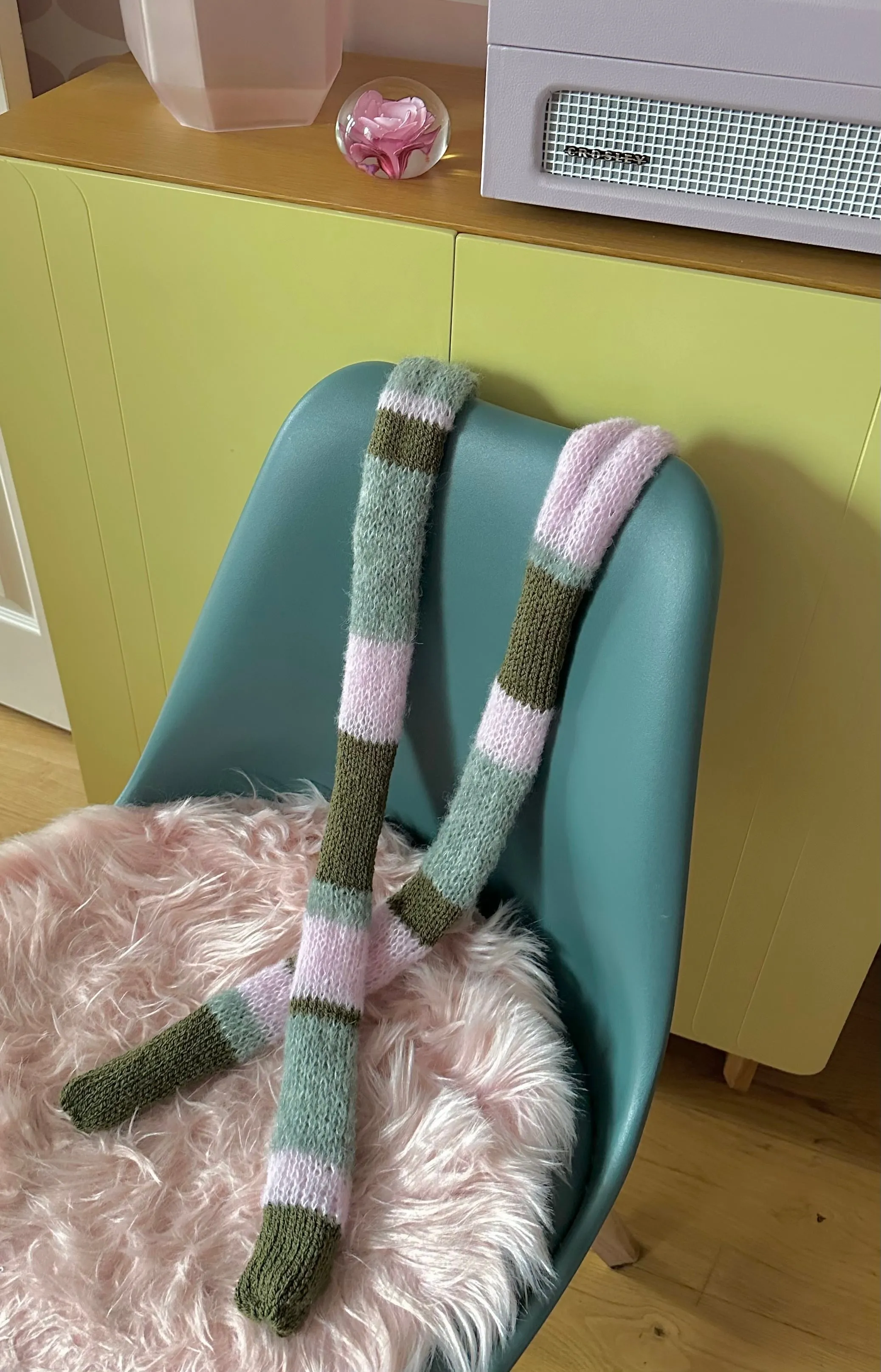 Handmade knitted baby pink, khaki and sage green striped skinny scarf - extra long