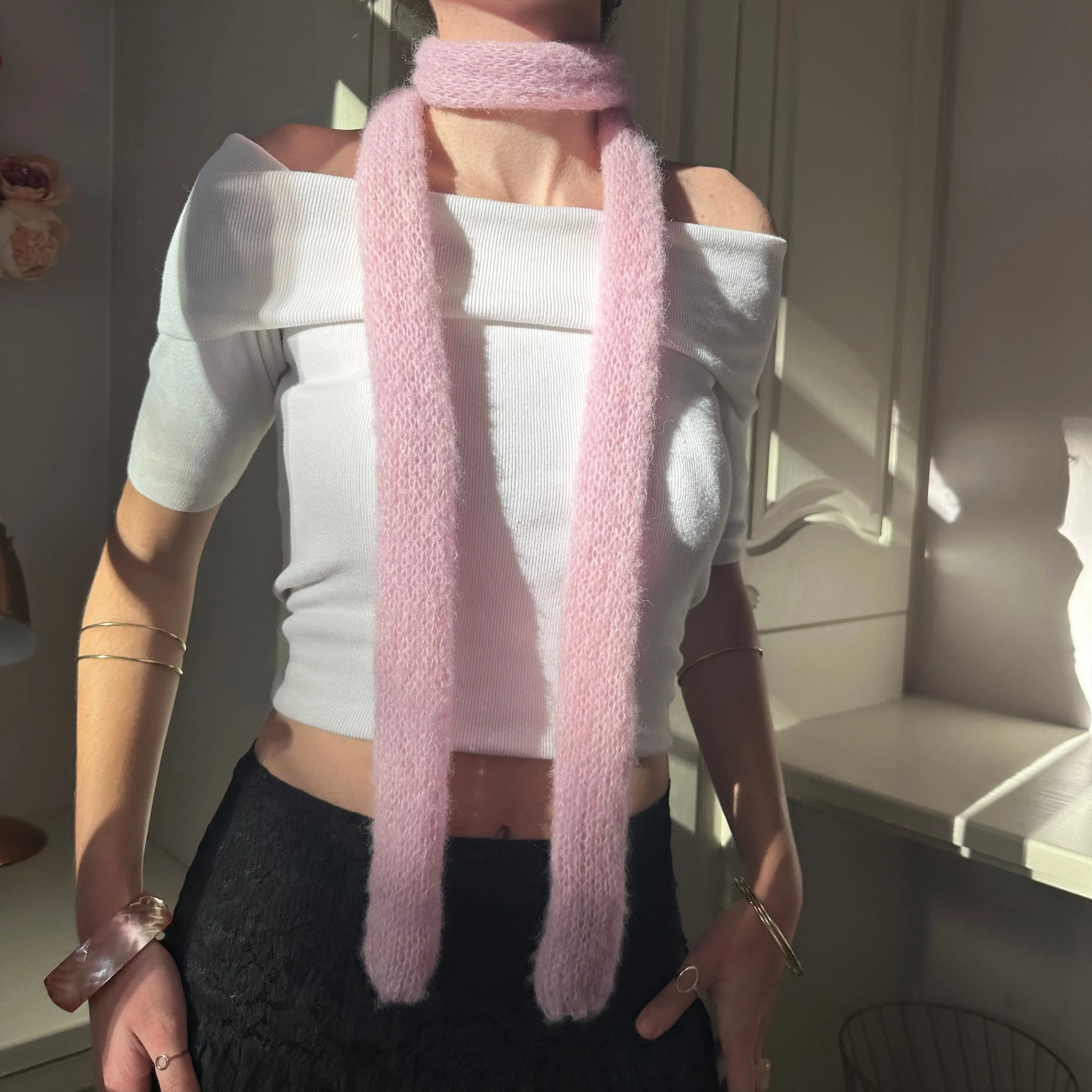 Handmade knitted mohair skinny scarf in baby pink