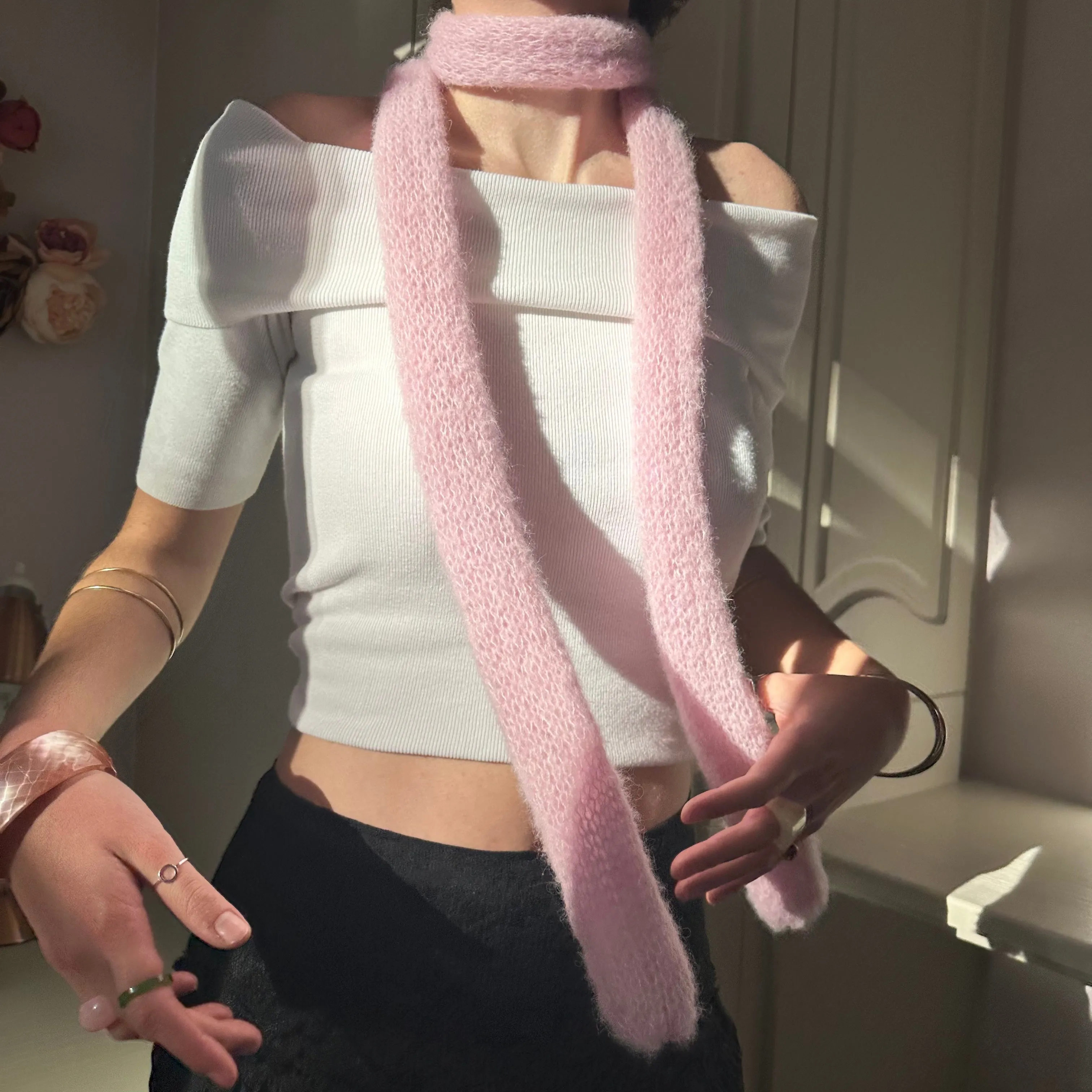 Handmade knitted mohair skinny scarf in baby pink