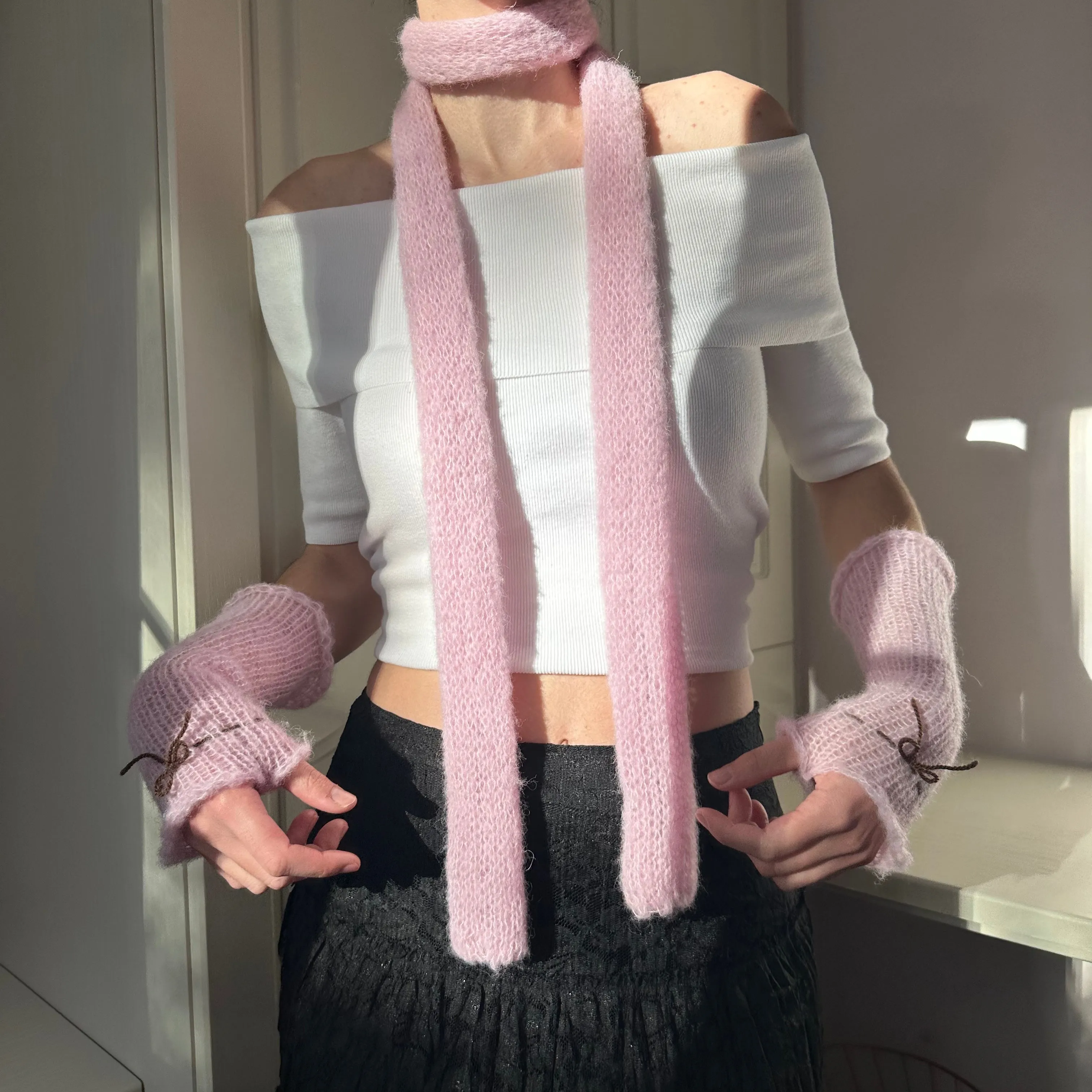 Handmade knitted mohair skinny scarf in baby pink