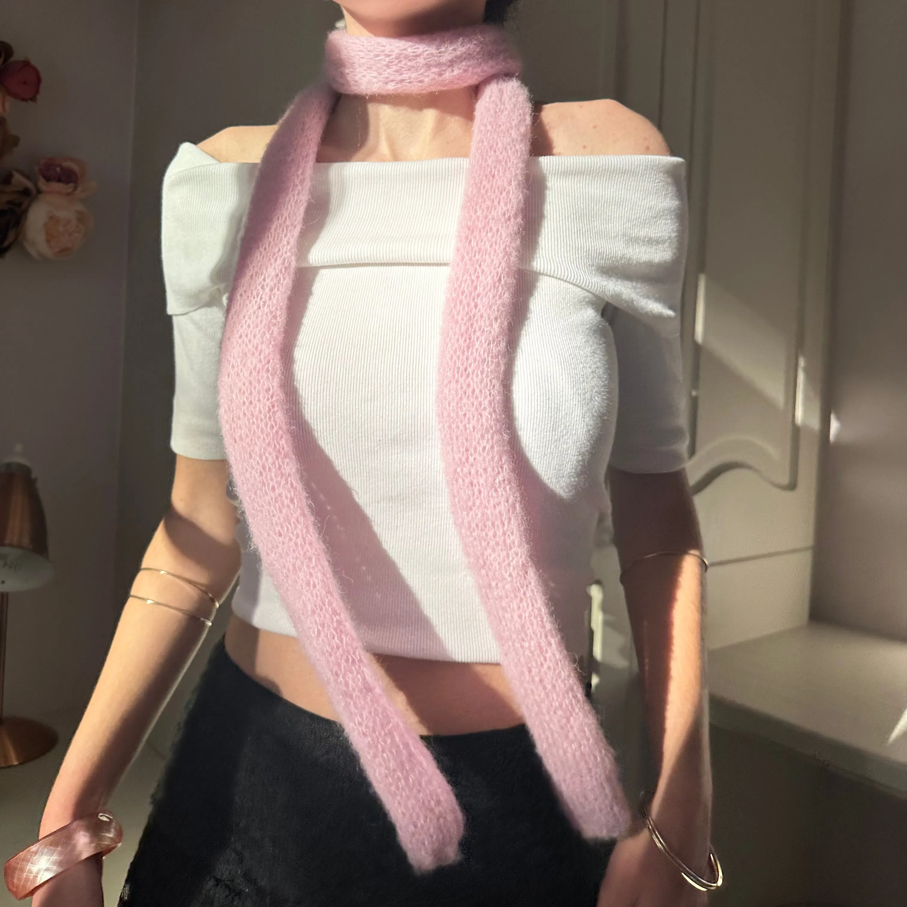 Handmade knitted mohair skinny scarf in baby pink