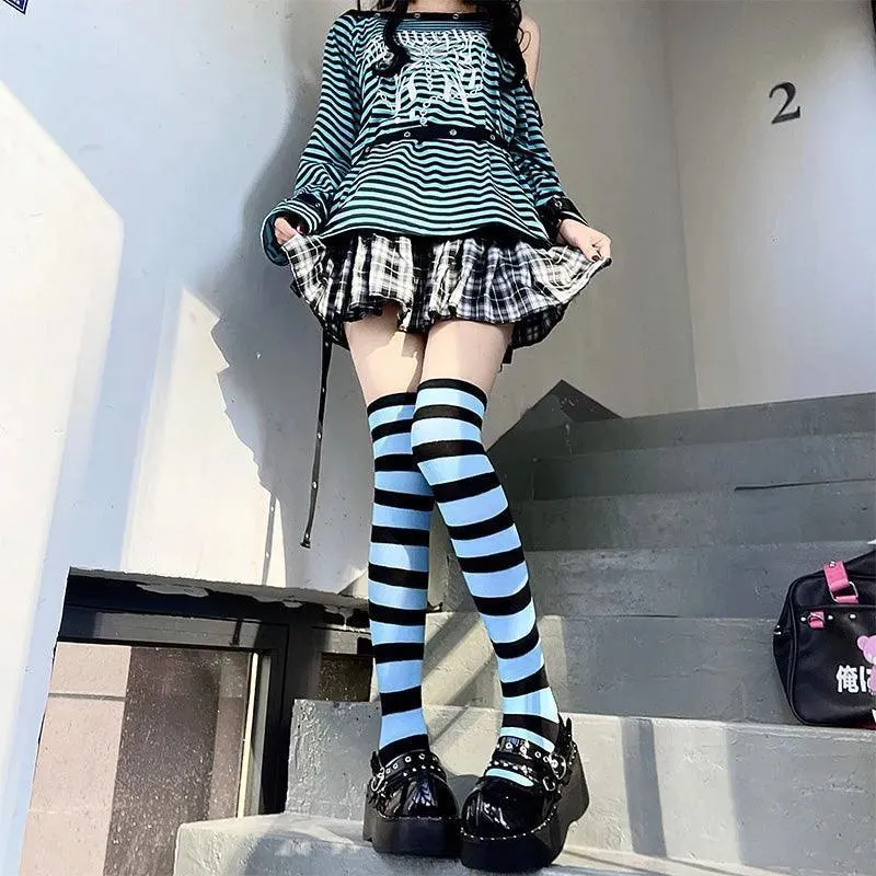 Harajuku Outfits Stylish Striped Thigh High Socks for Halloween