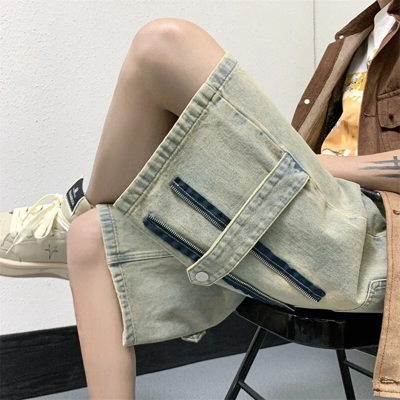 High Street Retro Denim Shorts For Men Gothic Harajuku Summer American Trunks Bottoms Male Baggy Short Jeans