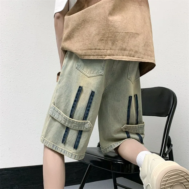 High Street Retro Denim Shorts For Men Gothic Harajuku Summer American Trunks Bottoms Male Baggy Short Jeans