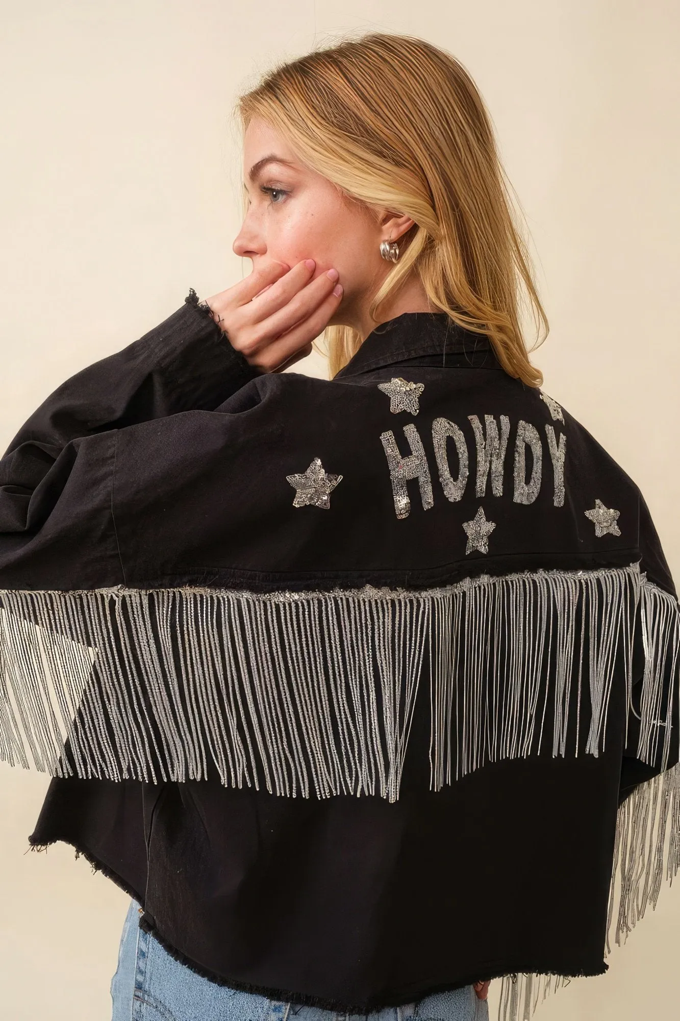 Howdy sequin fringe and star patches jacket