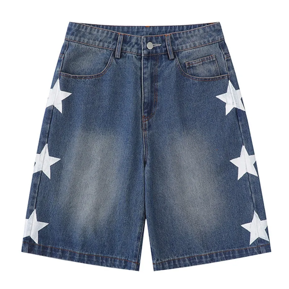 Ilooove Retro Star Splicing Denim Shorts 2023 Men Summer Harajuku Streetwear Jeans Shorts Fashion Casual Loose Blue Denim Shorts Unisex