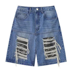 Ilooove Retro Star Splicing Denim Shorts 2023 Men Summer Harajuku Streetwear Jeans Shorts Fashion Casual Loose Blue Denim Shorts Unisex