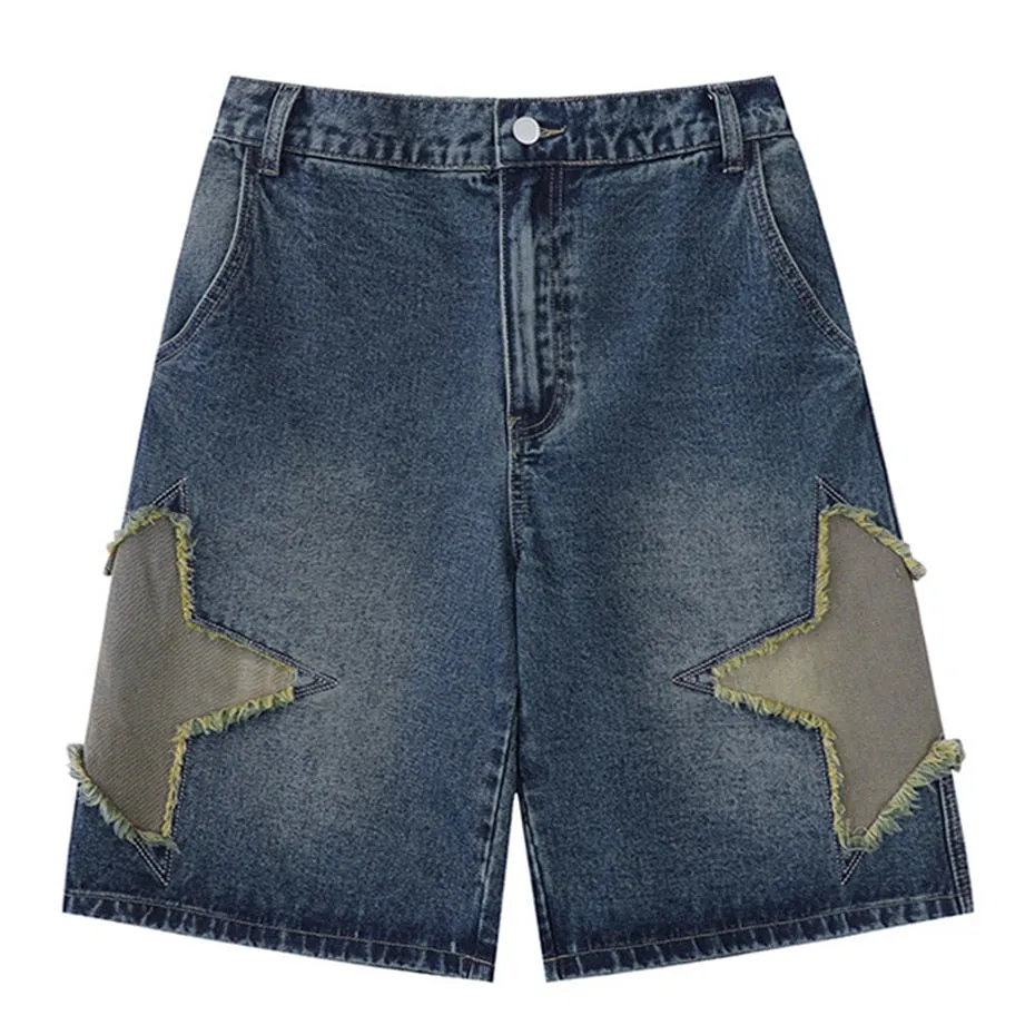 Ilooove Retro Star Splicing Denim Shorts 2023 Men Summer Harajuku Streetwear Jeans Shorts Fashion Casual Loose Blue Denim Shorts Unisex