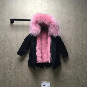 Kids Black Parka - Pink Fur