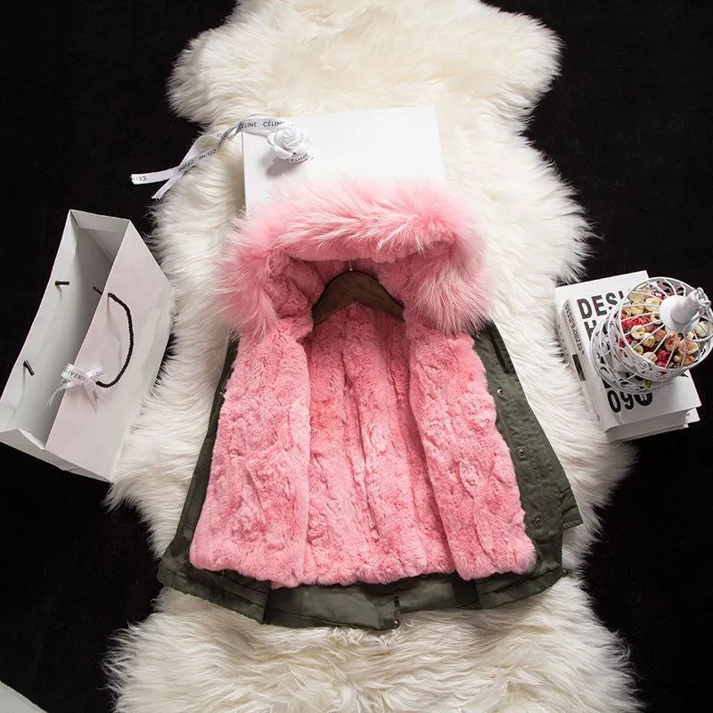 Kids Green Parka - Pink Fur