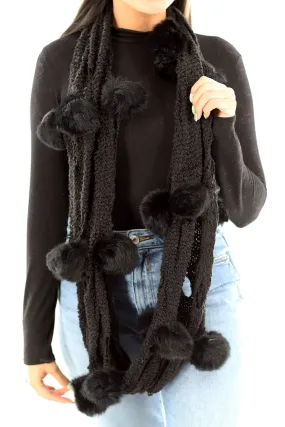 Knit Infinity Scarfw/ Rabbit Fur Pom Poms - Black