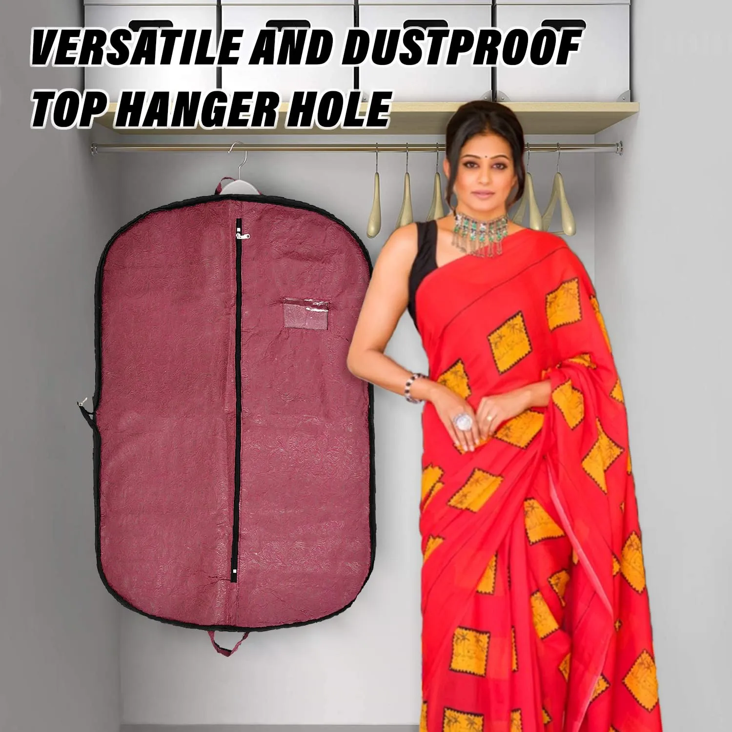 Kuber Industries Coat Cover | Foldable Coat Cover | Embossed Blazar Cover | Non-Woven Wardrobe Organizer | Transparent Window Coat Cover | Maroon