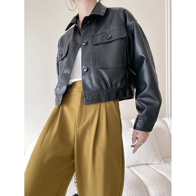 Lapel Collar Leather jacket women