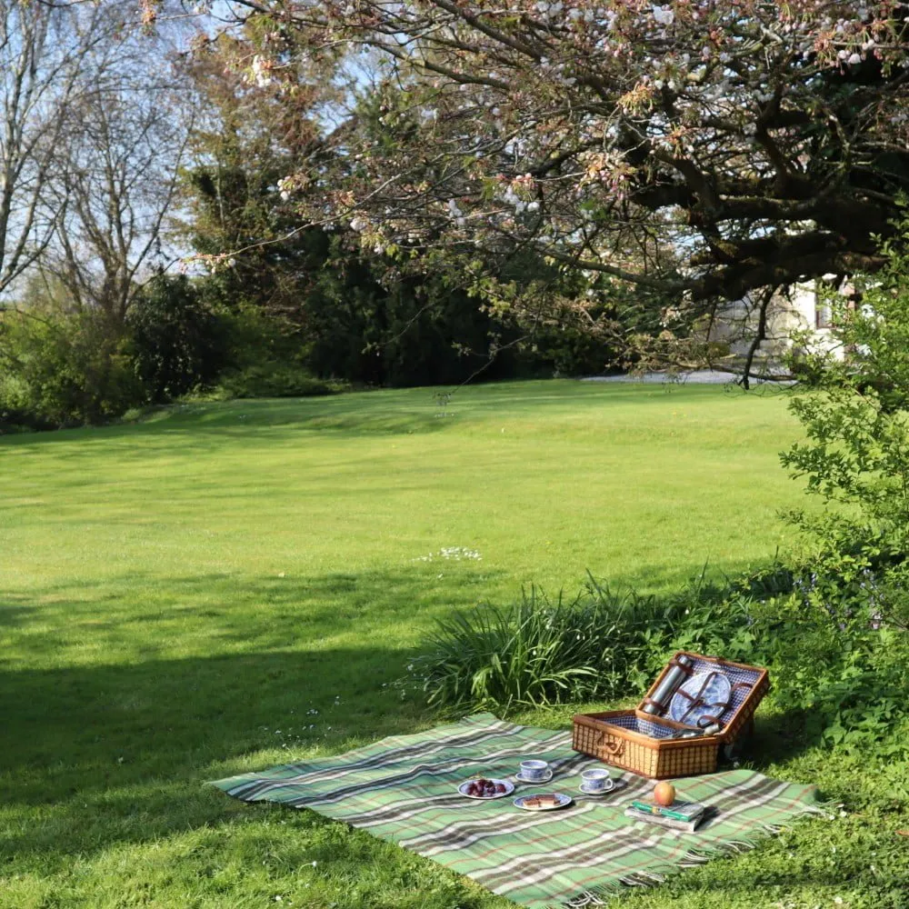 Large Irish Picnic Blanket Denim Green Camel Burgundy Plaid