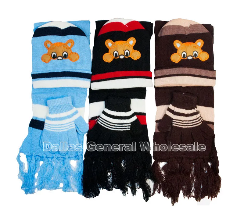 Little Peeking Bear Boys Beanie Gloves Scarf Set Wholesale