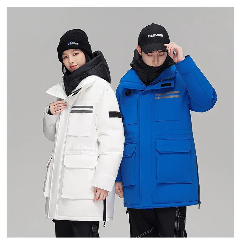 Loose Fit White Duck Down Thickened Thigh-Length Hooded Down Coat