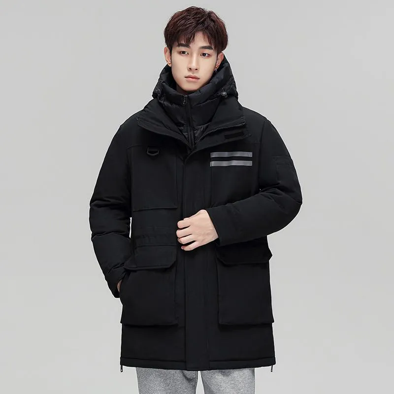 Loose Fit White Duck Down Thickened Thigh-Length Hooded Down Coat