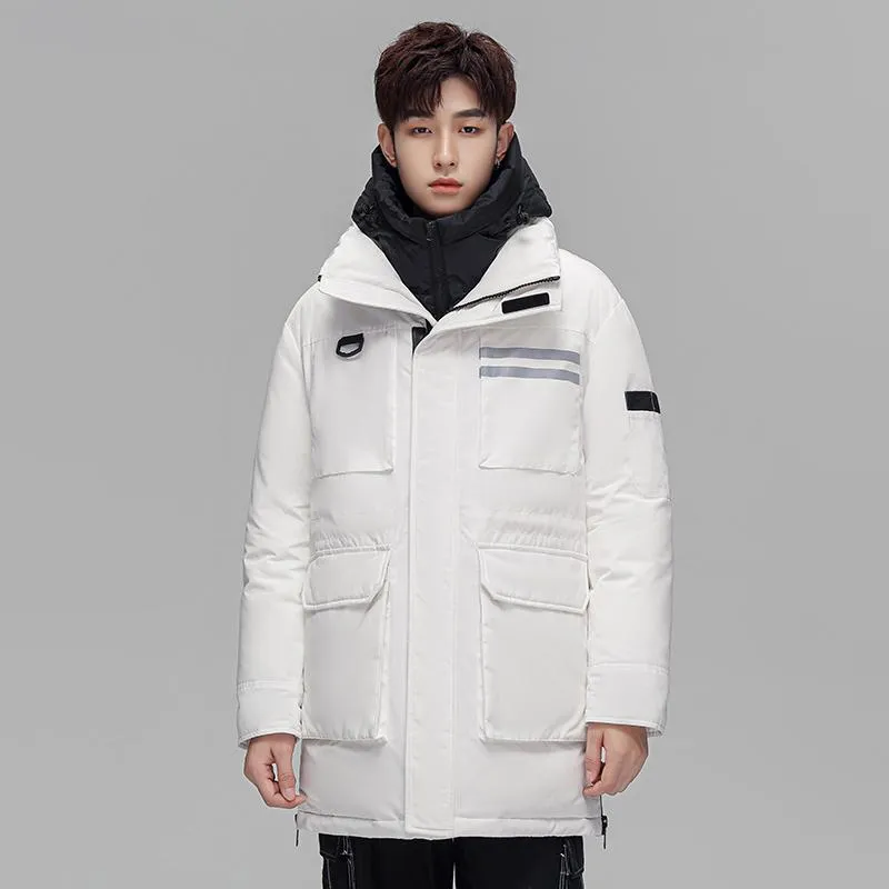 Loose Fit White Duck Down Thickened Thigh-Length Hooded Down Coat