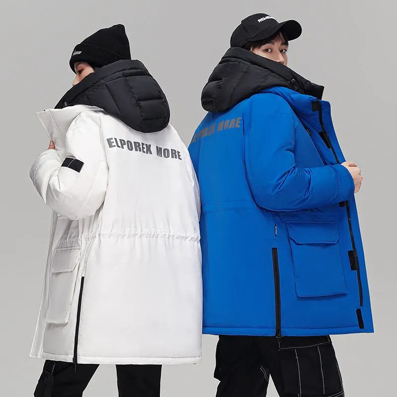 Loose Fit White Duck Down Thickened Thigh-Length Hooded Down Coat