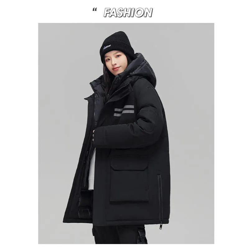 Loose Fit White Duck Down Thickened Thigh-Length Hooded Down Coat