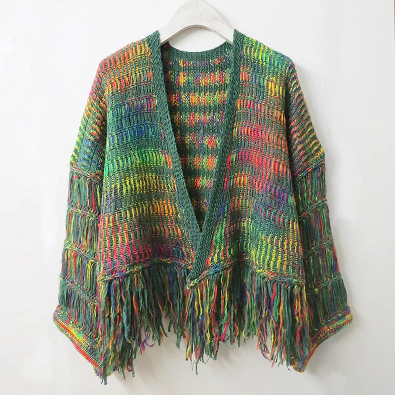 Loose hand-woven rainbow fringed knitted cardigan autumn and winter short sweater coat