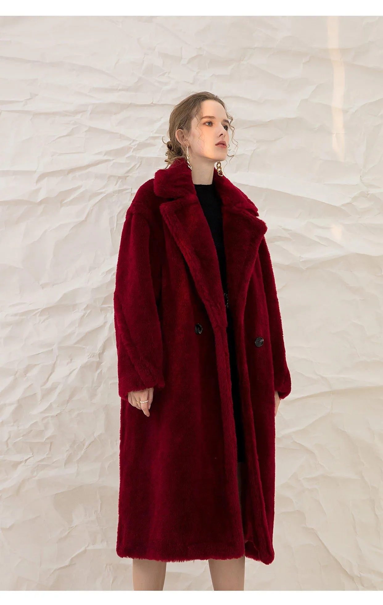 Luxe Autumn winter wine red thick pure wool coat lapel velvet coat- Teddy