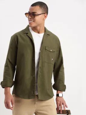 Men Cuban Collar Solid Olive Oversized Shacket