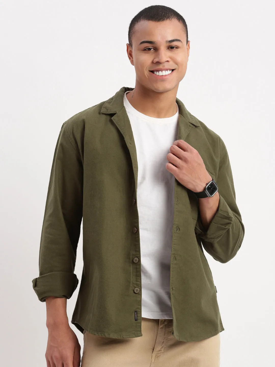 Men Cuban Collar Solid Olive Oversized Shacket