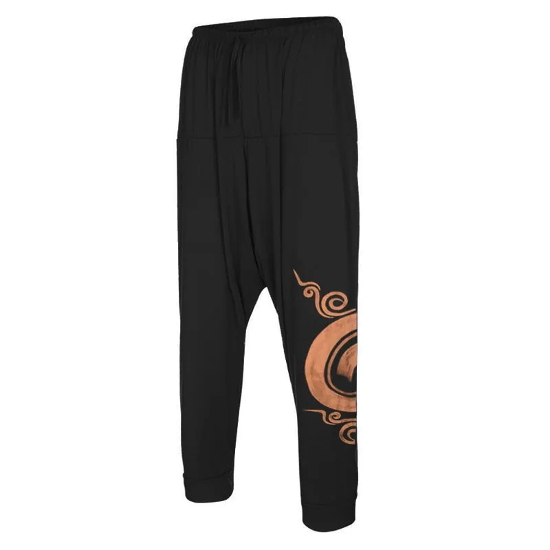 Men&#39;s Harem Pants Drop Crotch Retro Print Pants Cotton Yoga Joggers Sweatpants Hip Hop Trousers Loose Wide Leg Pants