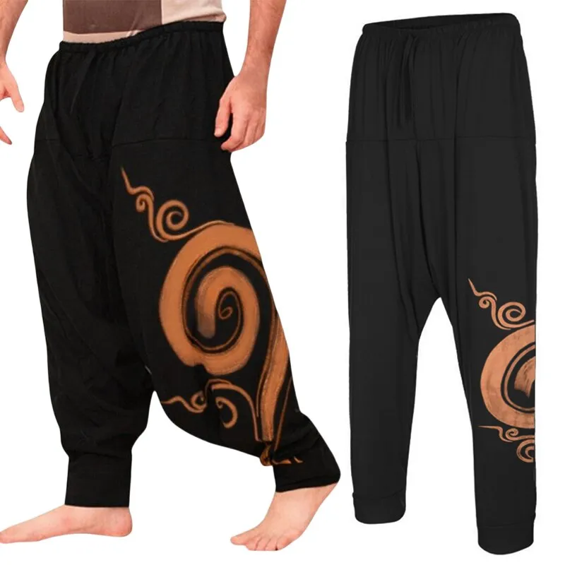 Men&#39;s Harem Pants Drop Crotch Retro Print Pants Cotton Yoga Joggers Sweatpants Hip Hop Trousers Loose Wide Leg Pants