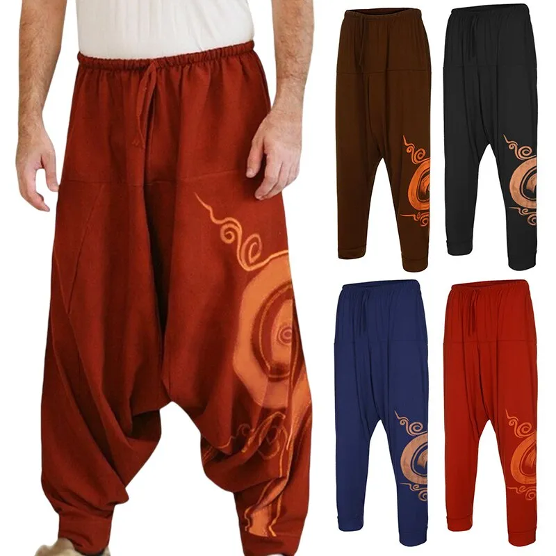 Men&#39;s Harem Pants Drop Crotch Retro Print Pants Cotton Yoga Joggers Sweatpants Hip Hop Trousers Loose Wide Leg Pants