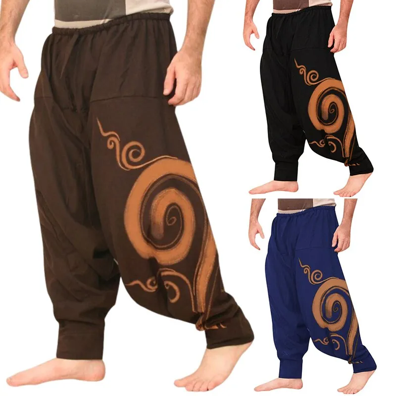 Men&#39;s Harem Pants Drop Crotch Retro Print Pants Cotton Yoga Joggers Sweatpants Hip Hop Trousers Loose Wide Leg Pants