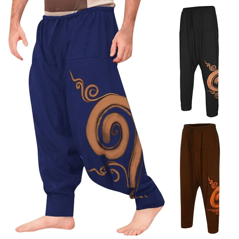 Men&#39;s Harem Pants Drop Crotch Retro Print Pants Cotton Yoga Joggers Sweatpants Hip Hop Trousers Loose Wide Leg Pants