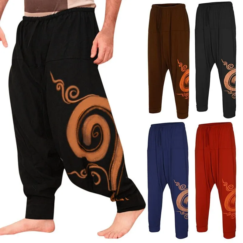 Men&#39;s Harem Pants Drop Crotch Retro Print Pants Cotton Yoga Joggers Sweatpants Hip Hop Trousers Loose Wide Leg Pants