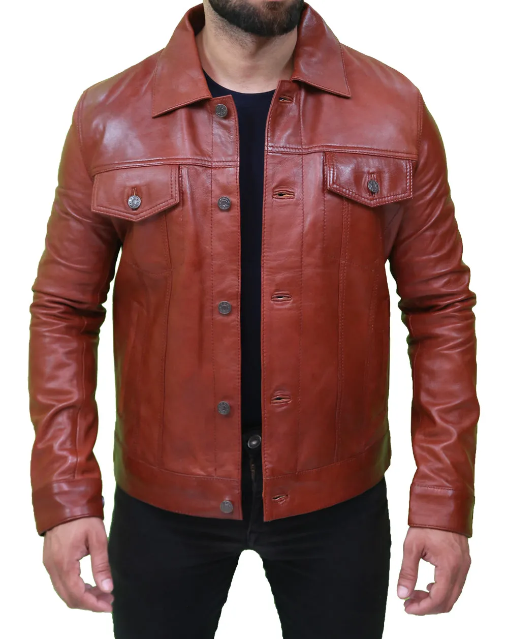 Mens Vintage Classic Brown Leather Trucker Jacket