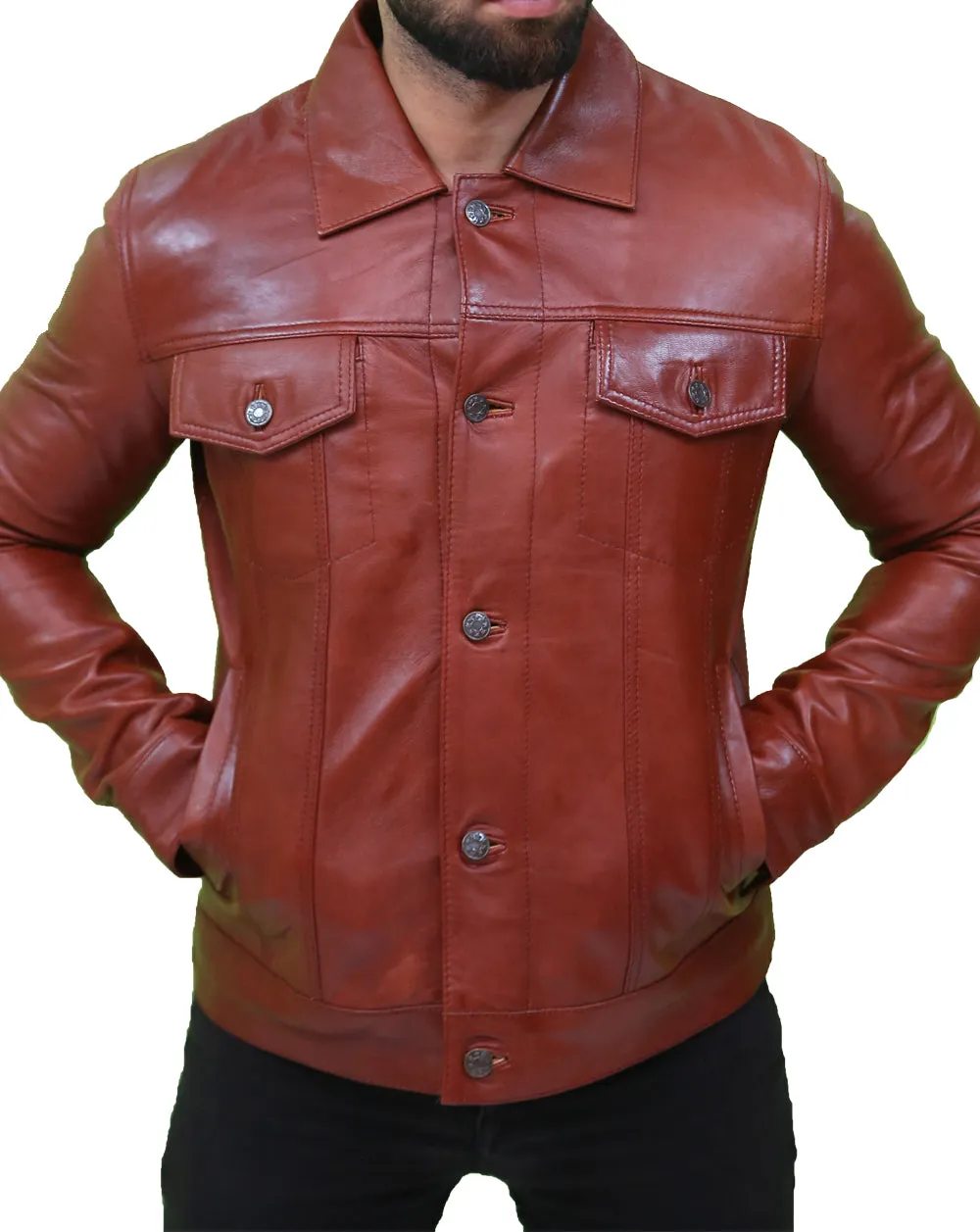 Mens Vintage Classic Brown Leather Trucker Jacket