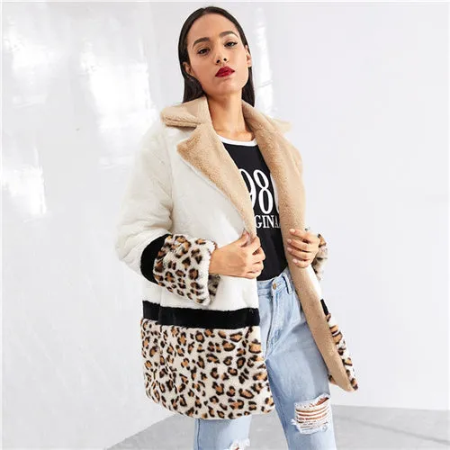 Multicolor Highstreet Cut and Sew Leopard Panel Faux Fur Teddy Coat