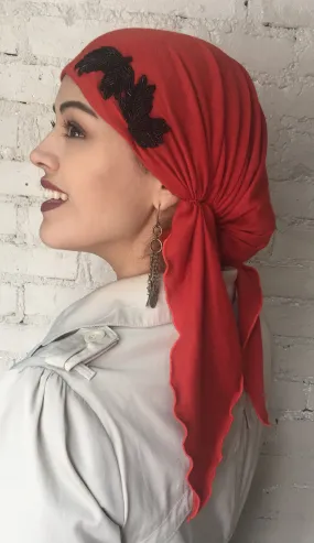 New Slip On Style Pre Tied Head Scarf Hair Wrap Red Orange