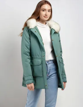 Pale Green Parka with Detachable Hood and Fur Trim