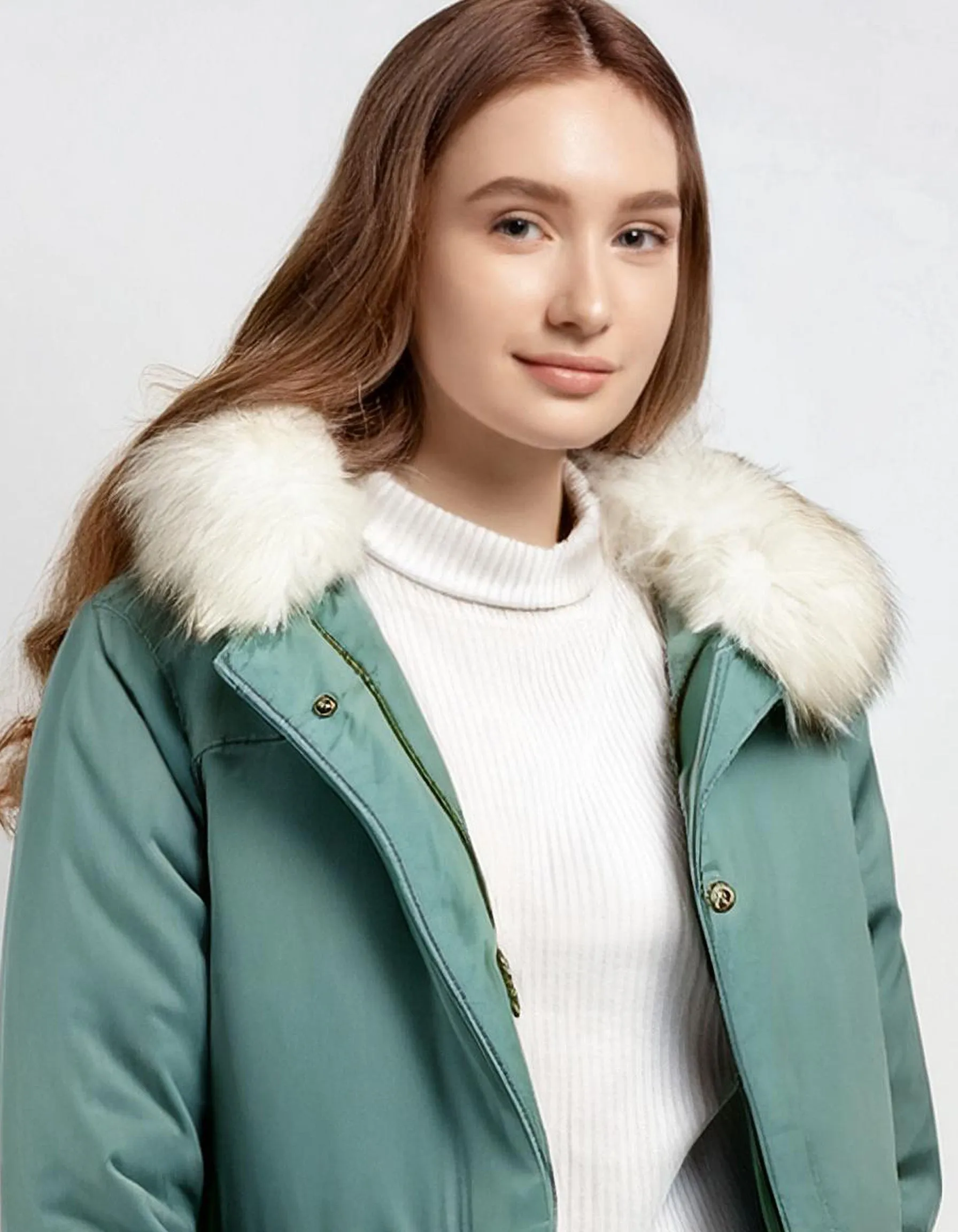 Pale Green Parka with Detachable Hood and Fur Trim