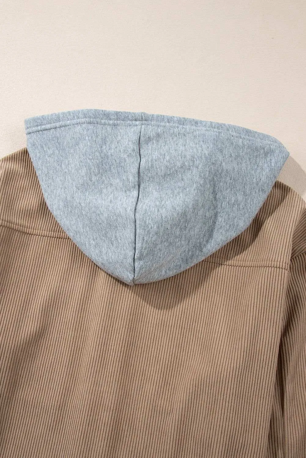 Pale Khaki Pockets Drawstring Hooded Corduroy Shacket