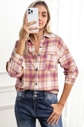 Pink Plaid Print Chest Pocket Long Sleeve Shacket