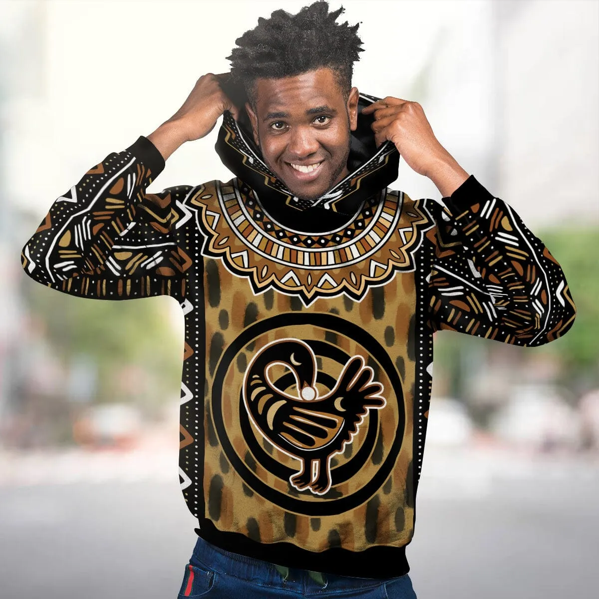 Printed Mud Cloth and Adinkra Symbol All-over Hoodie