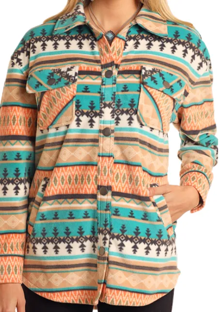 Rock & Roll Cowgirl Women's Turquoise Aztec Fleece Shirt Jacket BW92C05212