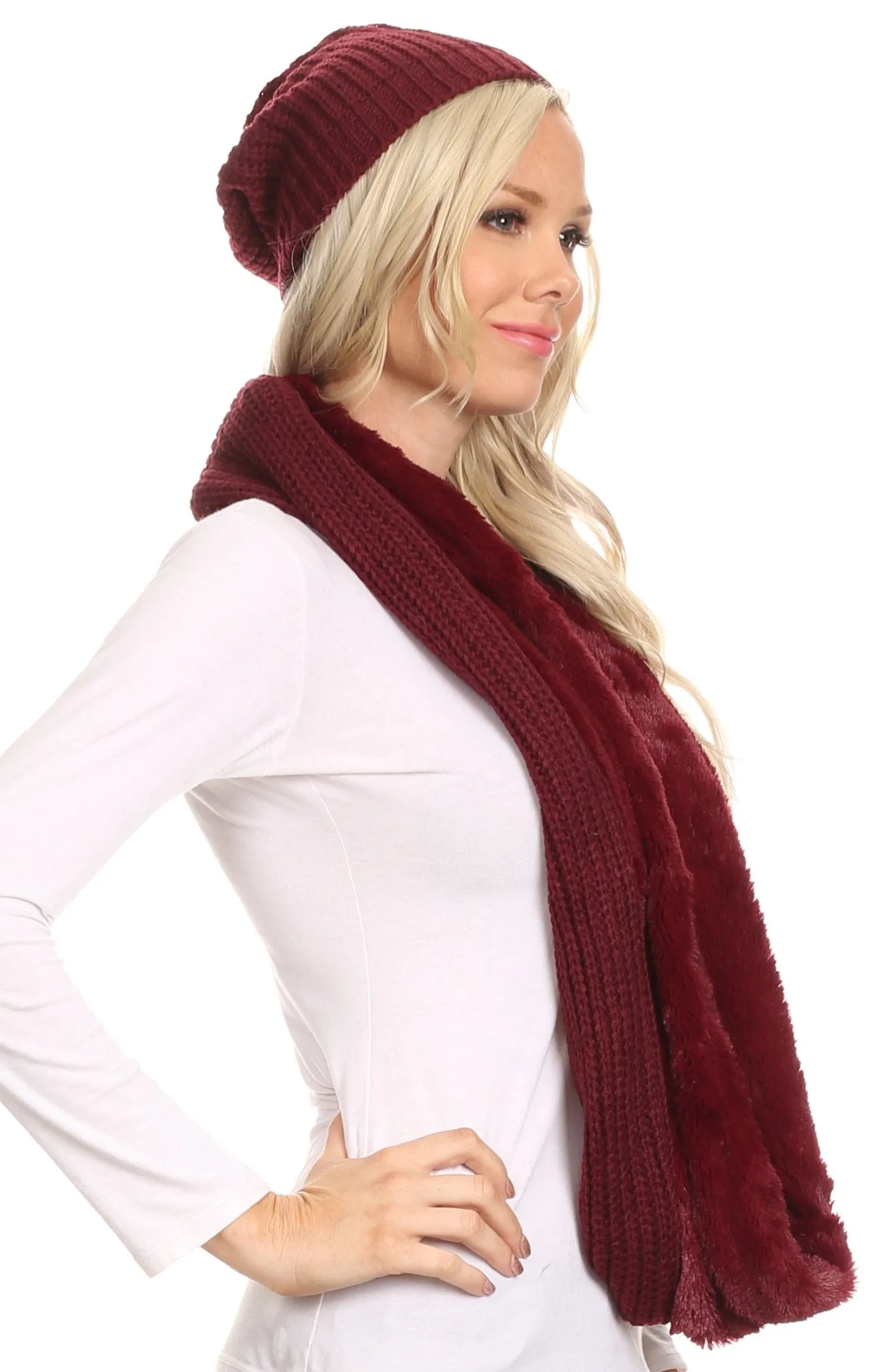 Sakkas Balencia Cool Girl Long Wide Soft Fur Lined Infinity Scarf Beanie Hat Set