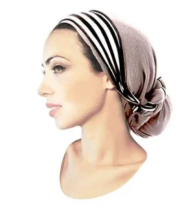 ShariRose Pre Tied Bandana Head Scarf Tichel Lightweight Long Cotton Stripe Wrap (Taupe w/ stripe)