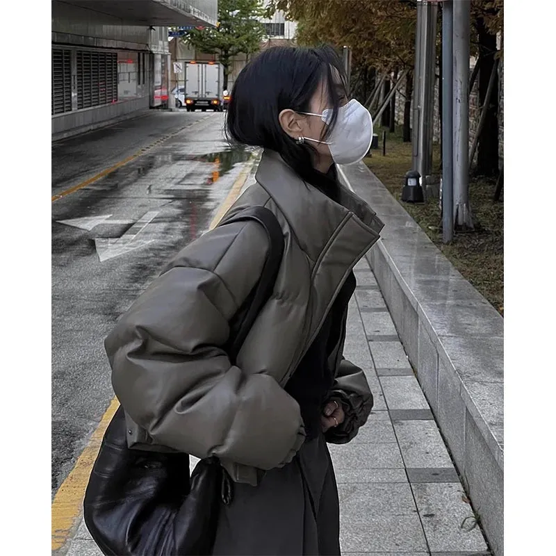 Streetwear Short Parkas Women Cropped Pu Leather Cotton Padded Coat Winter Thick Puffer Jacket Korean Warm Down Outwear