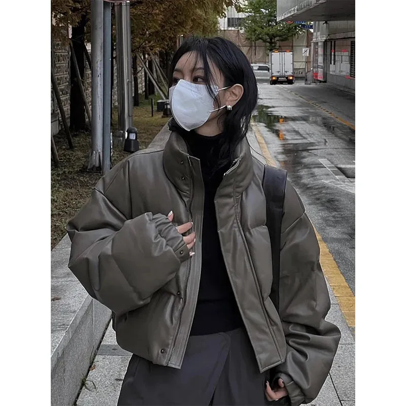 Streetwear Short Parkas Women Cropped Pu Leather Cotton Padded Coat Winter Thick Puffer Jacket Korean Warm Down Outwear